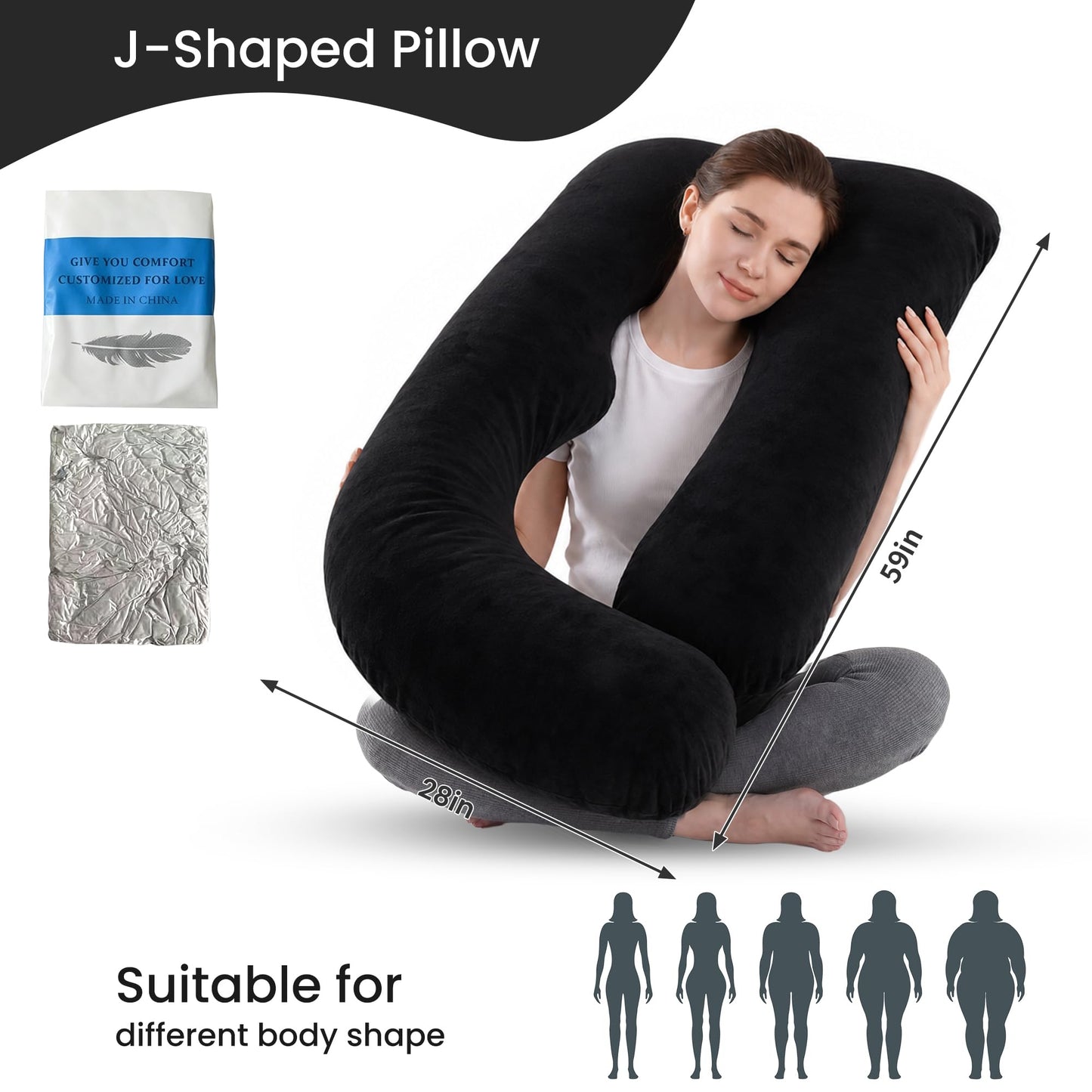 Jcickt Pregnancy Pillow for Sleeping,59 inch Maternity Pillow with Removable Washable Cover,J-Shaped Velvet Full Body Pregnant Pillow -Support for Backs,Legs, Belly, HIPS, Improve Sleep-Black