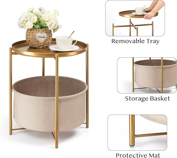 danpinera Gold Side Table with Fabric Storage Basket, Metal Round Side Small