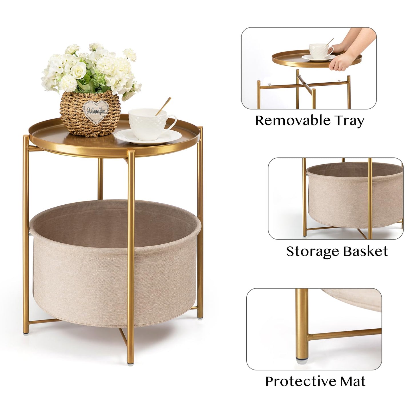 danpinera Gold Side Table with Fabric Storage Basket, Metal Round Side Small Bedside Table Nightstand with Removable Tray for Living Room, Bedroom, Outdoor Table for Patio, Nursery, Bathroom, Gold