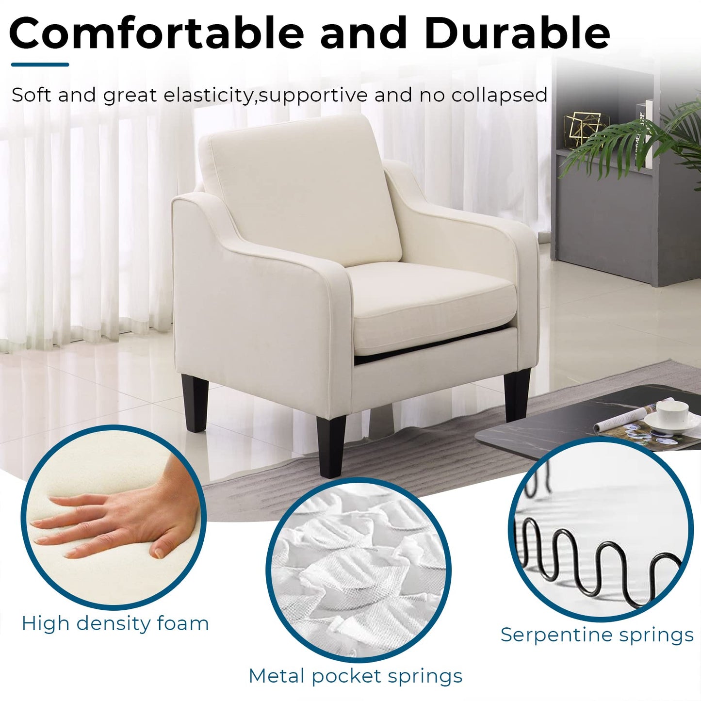 VINGLI Mid Century Modern Accent Chair, Beige Fabric Accent Chairs for Living Room Upholstered Armchair Sofa with Scooped Arms for Bedroom, Apartment, Studio, Office, Waiting Room