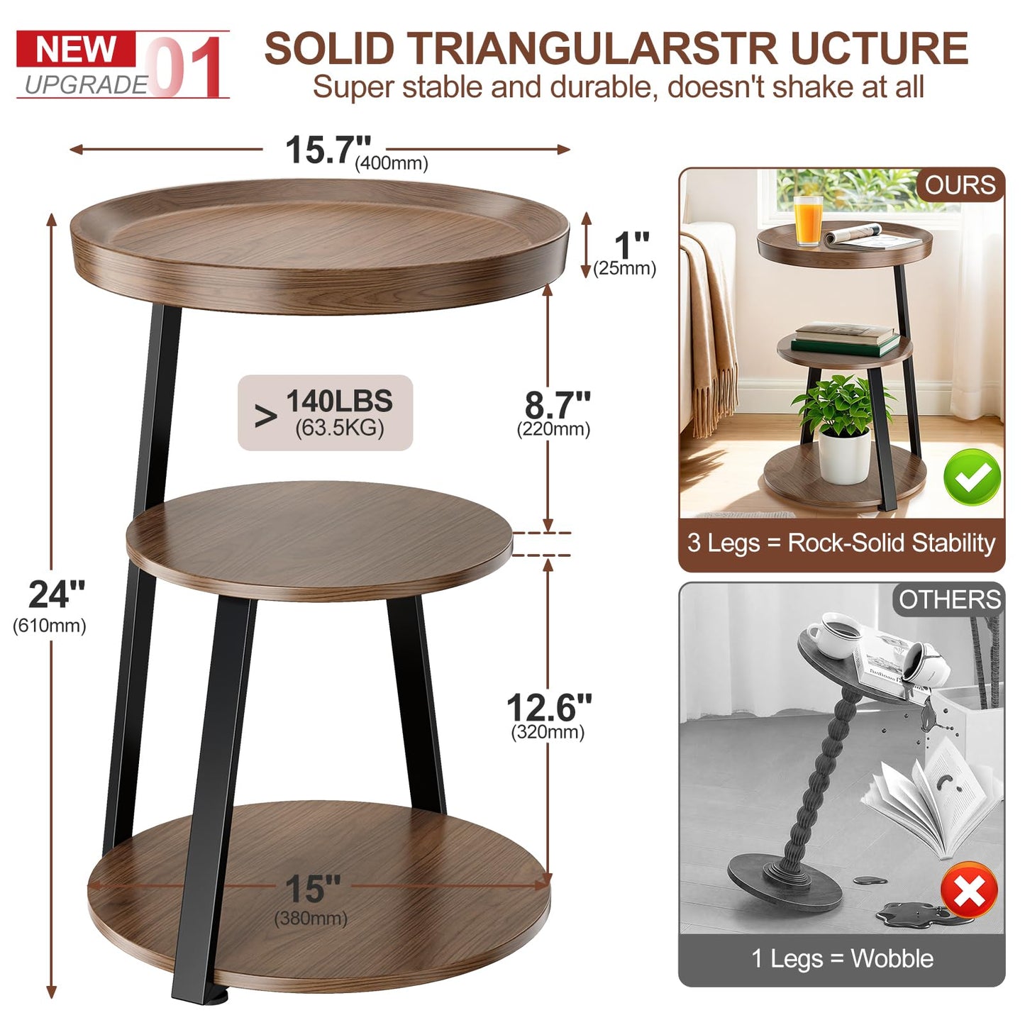 Round Side Table, 3-Tier Tray Top End Table with Storage Shelf, Ultra Stable Coffee End Table/Nightstand, Modern Farmhouse Couch Table for Living Room, Bedroom, Bedside Stand or Small Spaces, Walnut