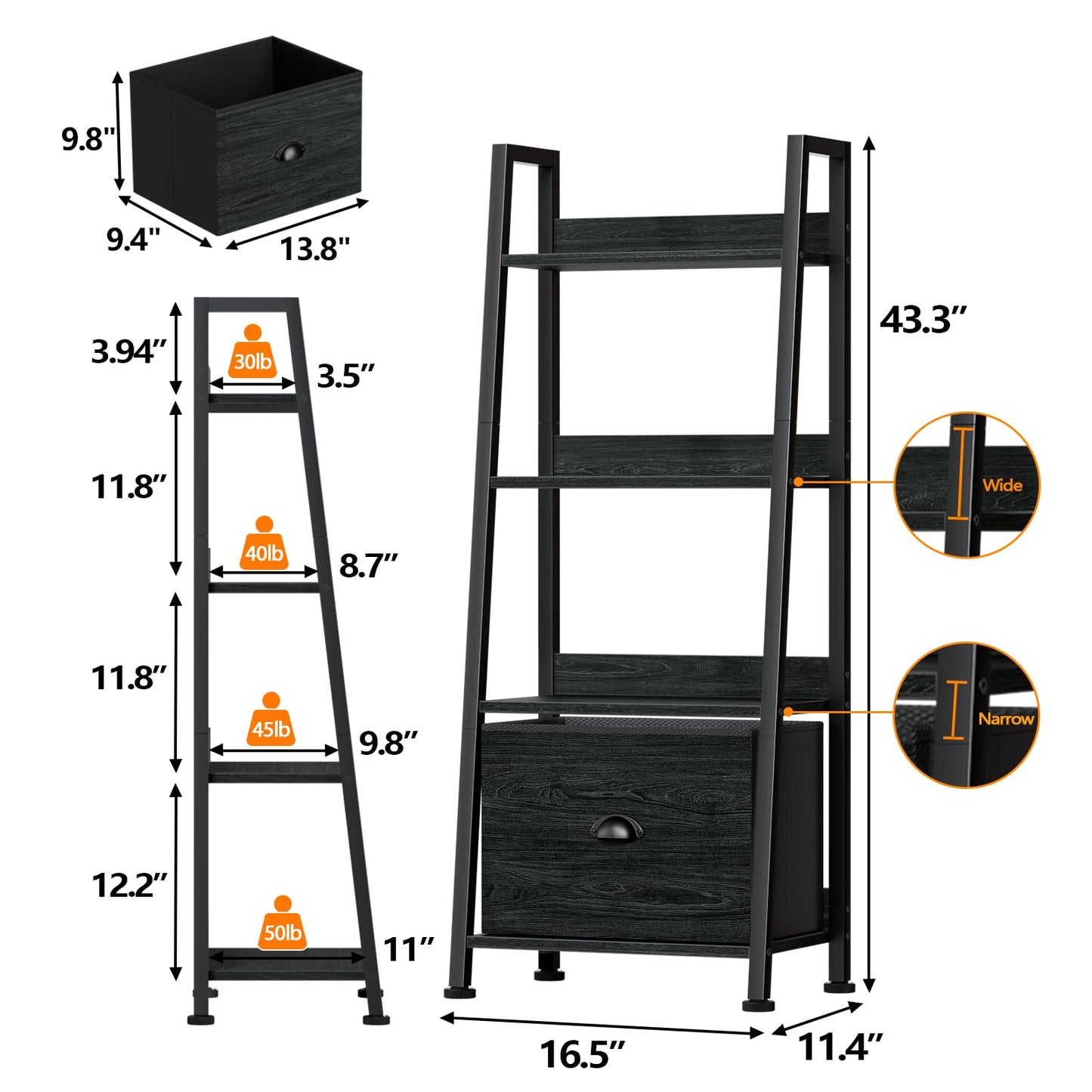 Furologee 4-Tier Ladder Shelf, Ladder Bookshelf with Removable Drawer, Bookcase Storage Rack Organizer, Freestanding Storage Shelves for Living Room, Home Office, Bedroom, Black Oak