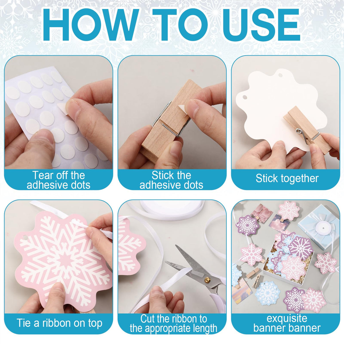 Epakh 24 Sets Winter Snowflake Photo Banner Snowflake Cards Wooden Clips with Ribbon Snowflakes Garland Hanging Ornaments Winter Decorations for Baby Shower Birthday Party Supplies