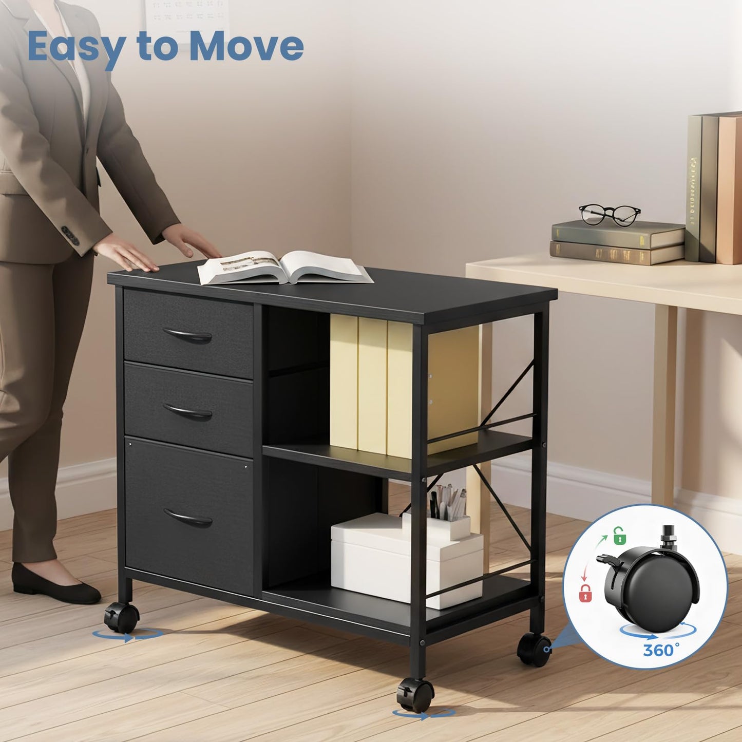 DUMOS 3 Drawer Mobile File Cabinet, Freestanding Fabric Lateral Filing Cabinet Fits A4/Letter Size, Space Saving Rolling Printer Stand with X-Frame and Open Storage Shelf for Home Office, Modern Black