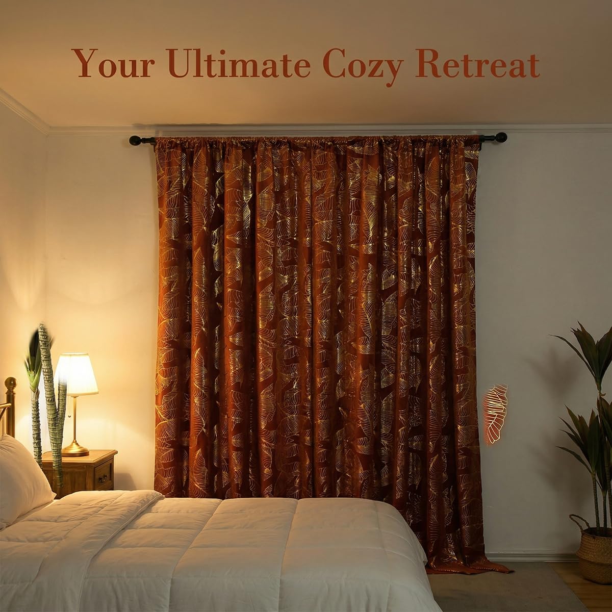 Tootop Burnt Orange Velvet Curtains Leaf Gold Foil Print 63" Long Soft Shiny Thick Fabric Insulated Blackout 70% Decorative Luxury Living Room Elegant Bedroom Rod Pocket 2 Panel (52" W x 63" L)