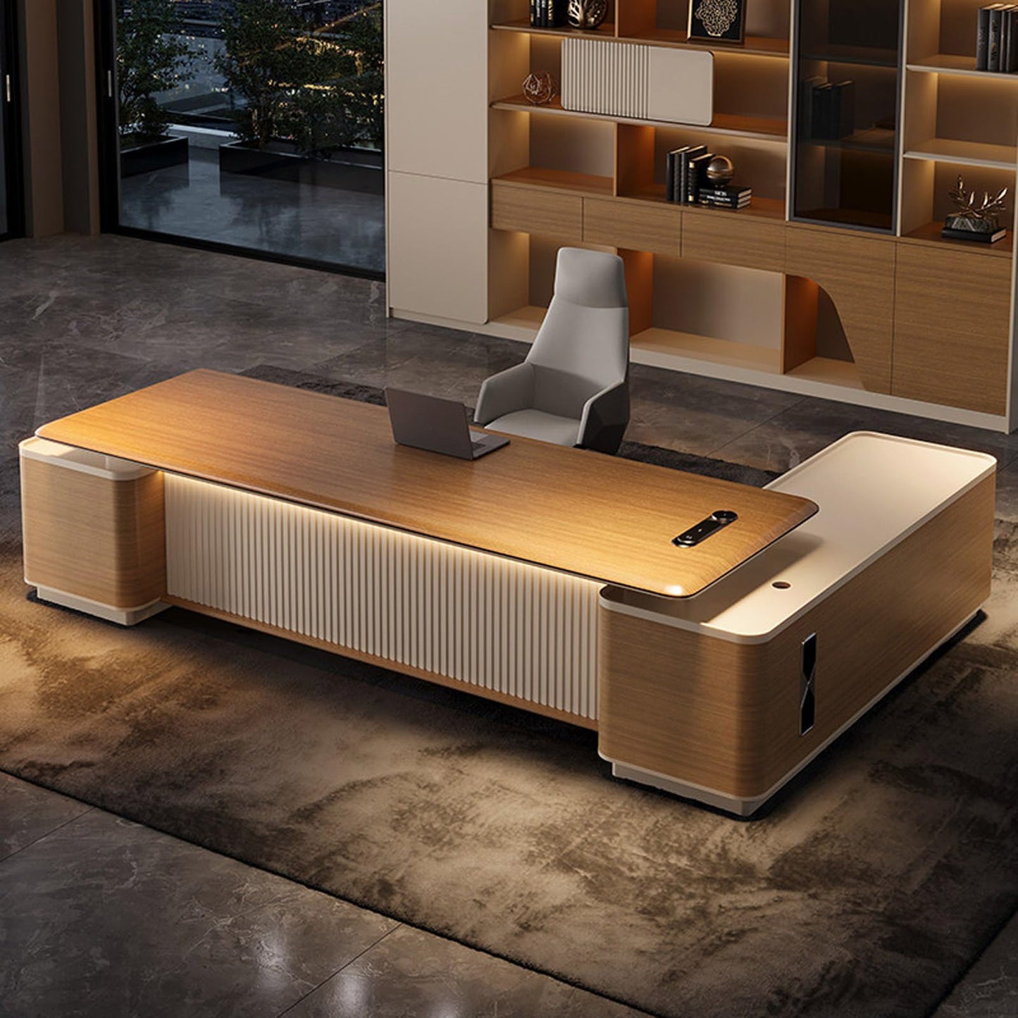 94 inch Modern L Shaped Executive Desk with 2 Drawers, Luxury Large Single Office Long Boss Desk with Cabinet and USB Ports Writing Study Table Business Furniture Workstation for CEO Boss Mana