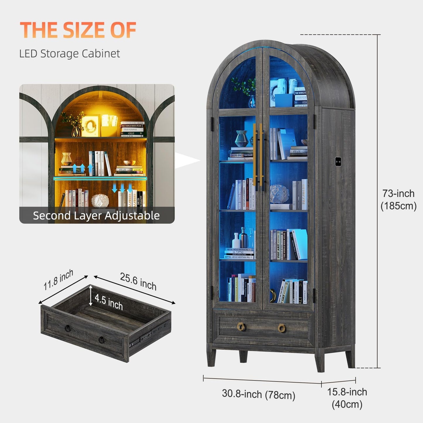 MDGC Glass Display Cabinet with Glass Doors, 4-Tier Curio Cabinet with Shelves and a Drawer,73" Inch Tall LED Display Case for Collectibles,LED Bookcase for Bedroom Living Room Office,Black White