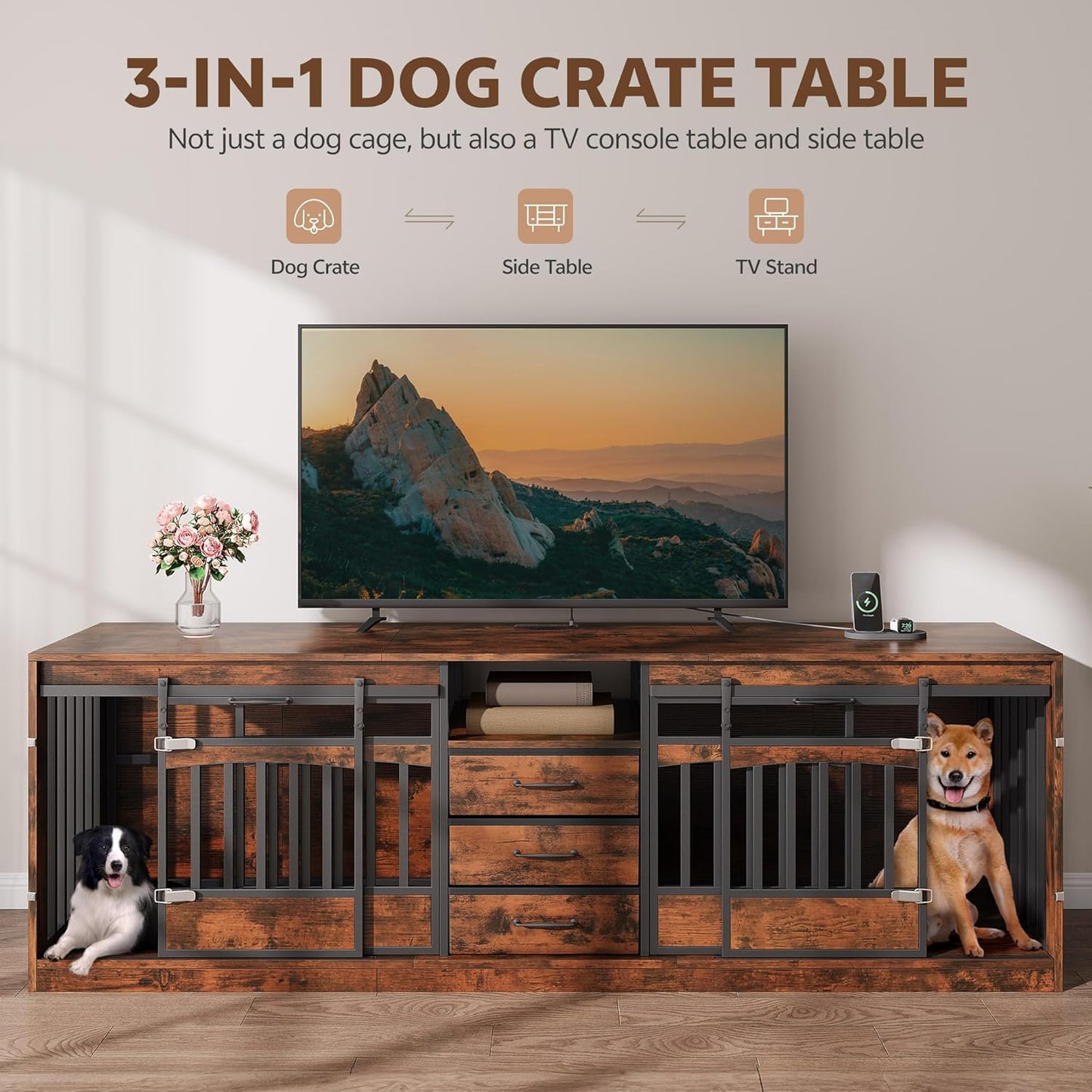 Homiflex Large Double Dog Crate Furniture with 3 Storage Drawers Farmhouse Dog Kennel TV Stand Indoor for 2 Large Medium Dogs Decorative Dog Cage with Sliding Barn Door & Power Outlets, 86.61"W, Brown
