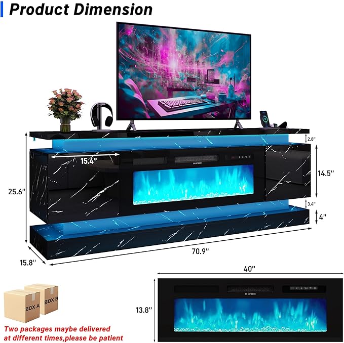 chartustriable 71IN LED TV Stands w/40 inch Fireplace Power Outlet