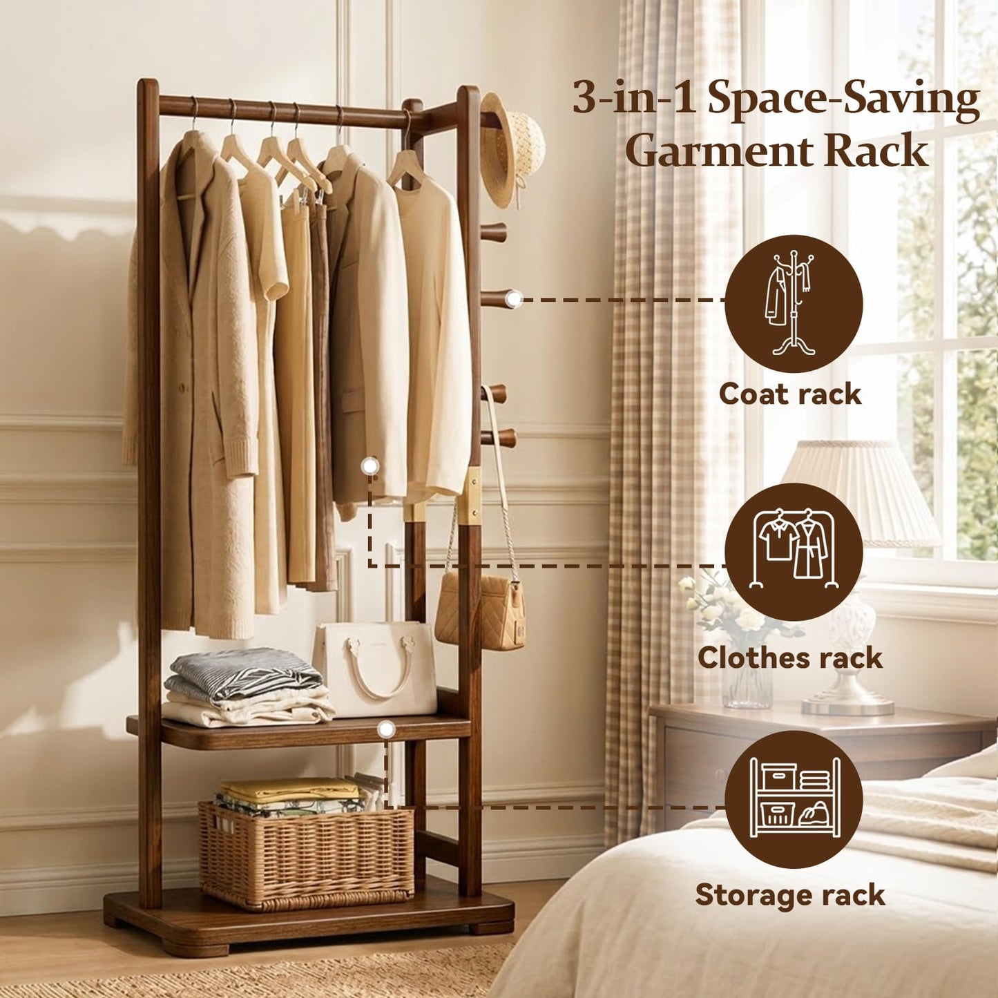 Taitiy Coat Rack Solid Wood Clothes Rack with 2 Shelves & 5 Hooks for Hanging Clothes Garment Wallets Hats, Clothing Rack Coat Rack Freestanding Hall Tree with Storage for Hallway Bedroom Living Room