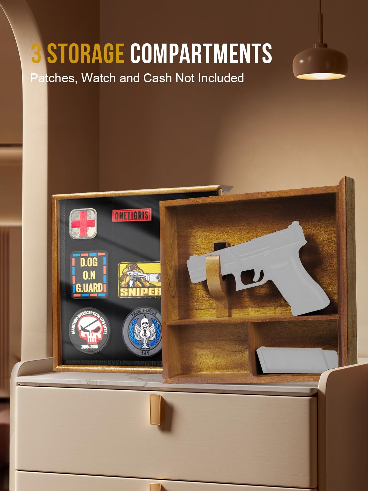 OneTigris Hidden Gun Storage, Concealment Furniture Hidden Gun Safe Concealment Shelf Wall Safe Wooden Photo Frame, Wall Mounted Hidden Compartment Furniture with Patches Display Panel