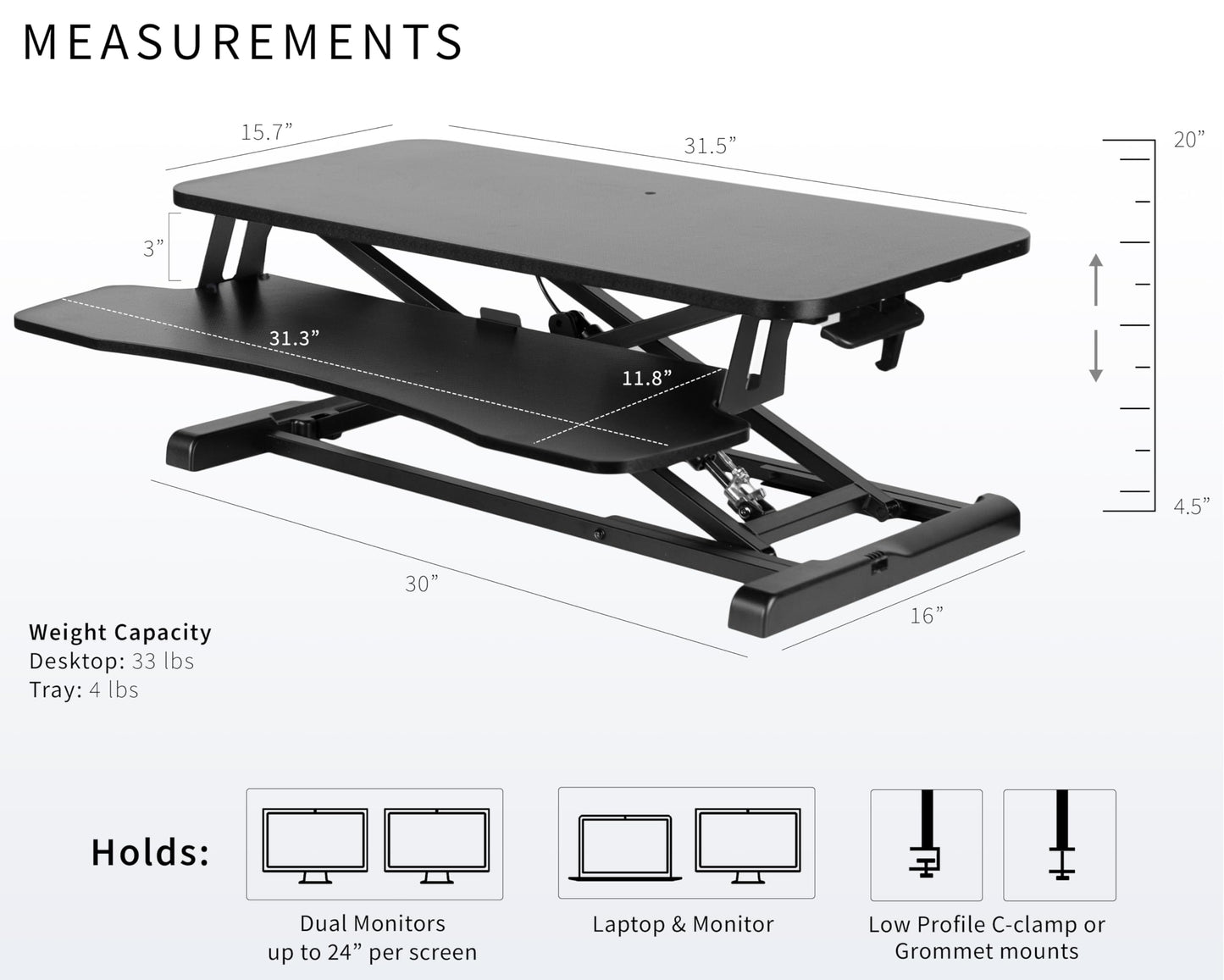 VIVO 32 inch Carbon Fiber Desk Converter, K Series, Height Adjustable Sit to Stand Riser, Dual Monitor and Laptop Workstation with Wide Keyboard Tray, Black, DESK-V000KR