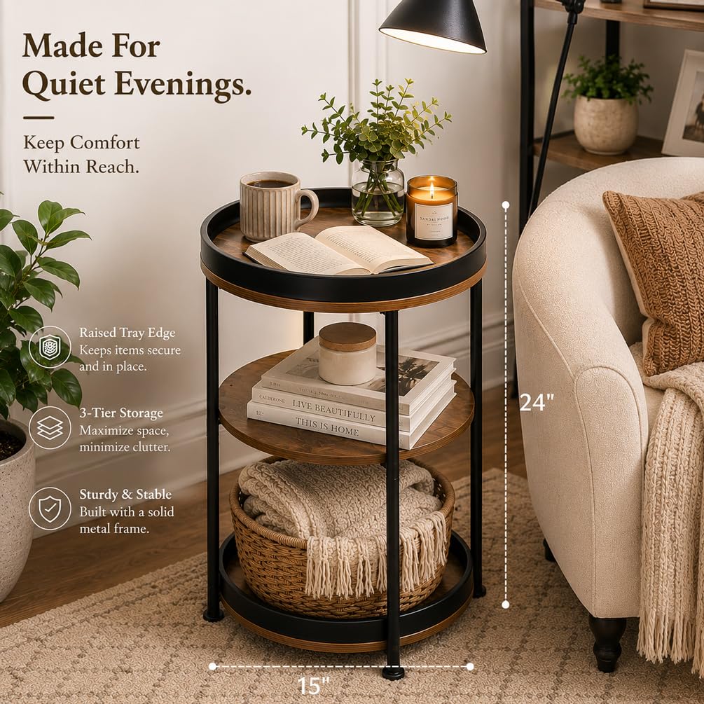 Dulcii Side Table, Round End Table with 3 Storage Shelves for Living Room, Bedroom, Nightstand with Steel Frame for Small Spaces, Industrial Round Sofa Table, Outdoor Accent Coffee Table, Rustic Brown