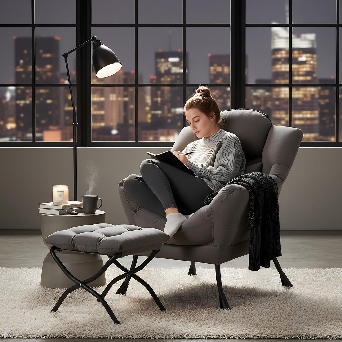 Furlide Lazy Chair with Ottoman, Comfy Fabric Accent Lounge Arm Chair with Lumbar Pillow and Folding Footrest, Reading Leisure Sofa Armchair for Bedroom, Living Room, Dorm,Dark Grey