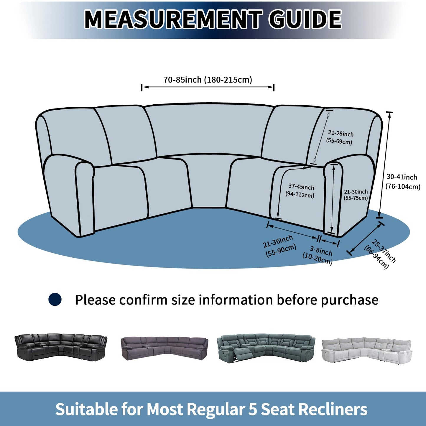 PureFit 7-Pieces Sectional Sofa Covers, Extra Large Sectional Recliner Couch Covers for Reclining L Shape Couches Sofas, Stretch Washable Fleece Sofa Slipcovers with Pockets, 5 Seat, Light Gray