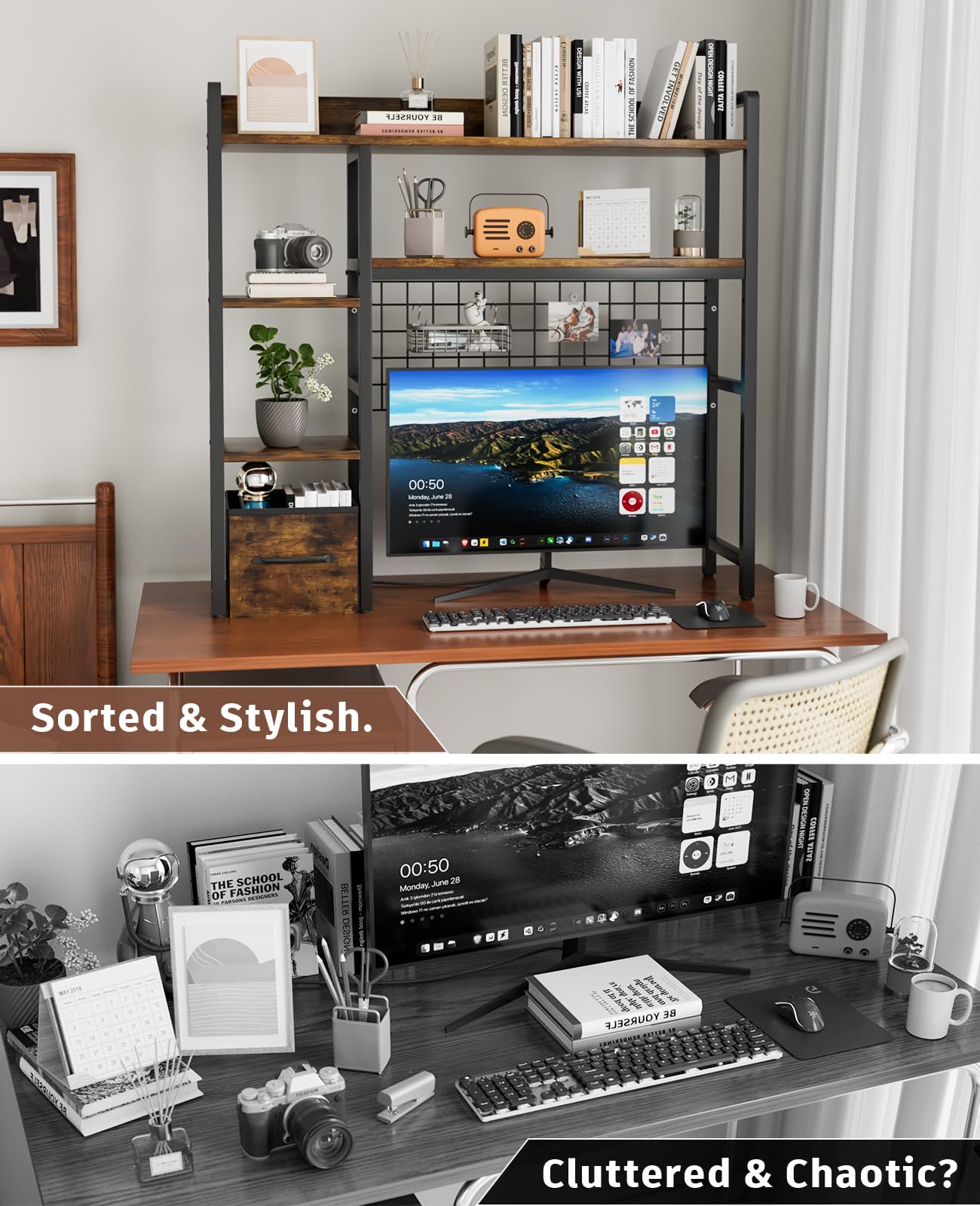 Rifoer Desk Hutch for Computer Monitor, 38.6" Over Desk Shelf with Grid Panel & Woven Drawer, 4-Tier Sturdy Metal and Wood Tabletop Storage Rack for College Dorm, Home Office, Rustic Brown