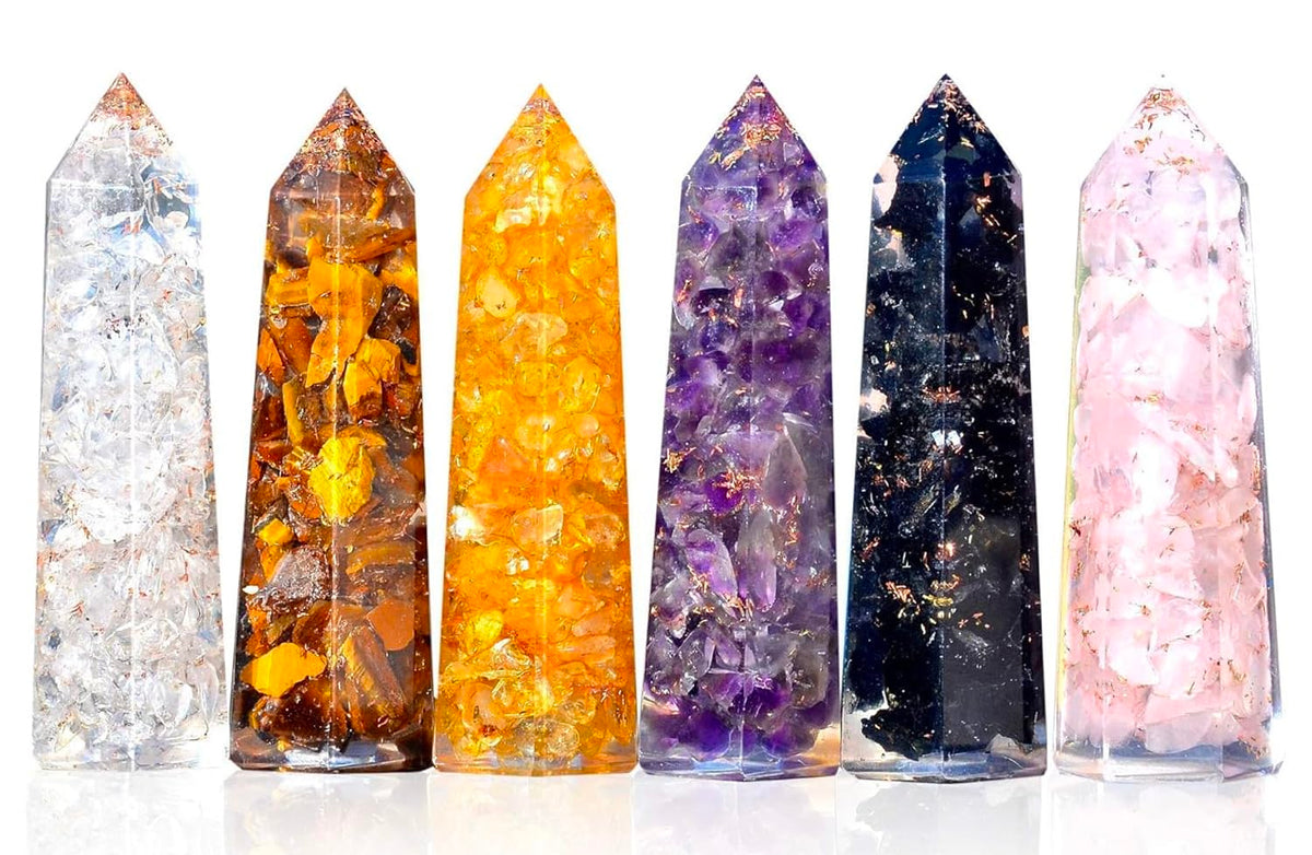 Healing Crystal Wand Set of 6 Orgonite – Includes 3” Amethyst Crystal, Tigers Eye, Rose Quartz, Black Tourmaline Stone, Citrine and Clear Quartz Orgone Crystal Plus Black Tourmaline Necklace