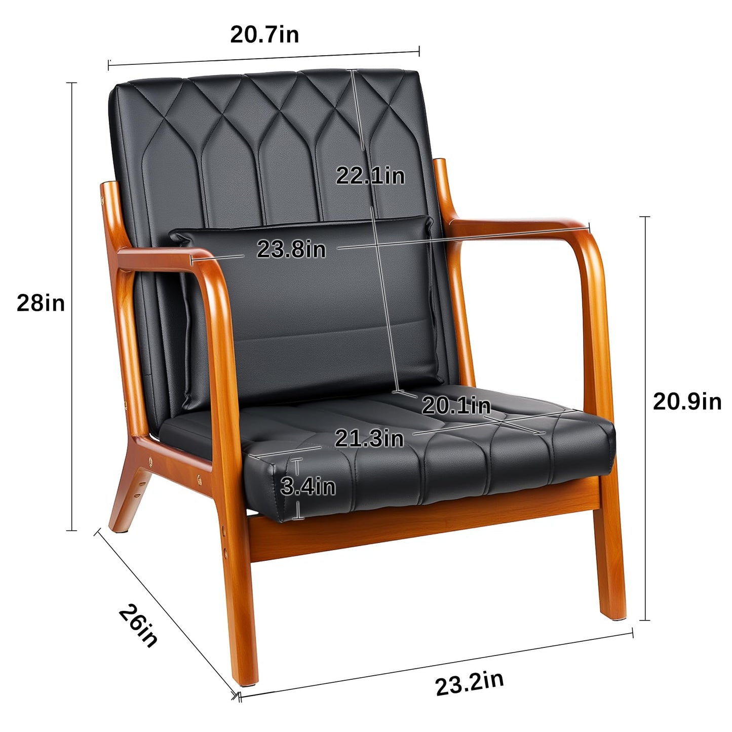 VECELO Mid-Century Modern Accent Chair with Faux Leather Cushion & Solid Wood Frame, Lounge Armchair for Living Room, Bedroom, Office, Black