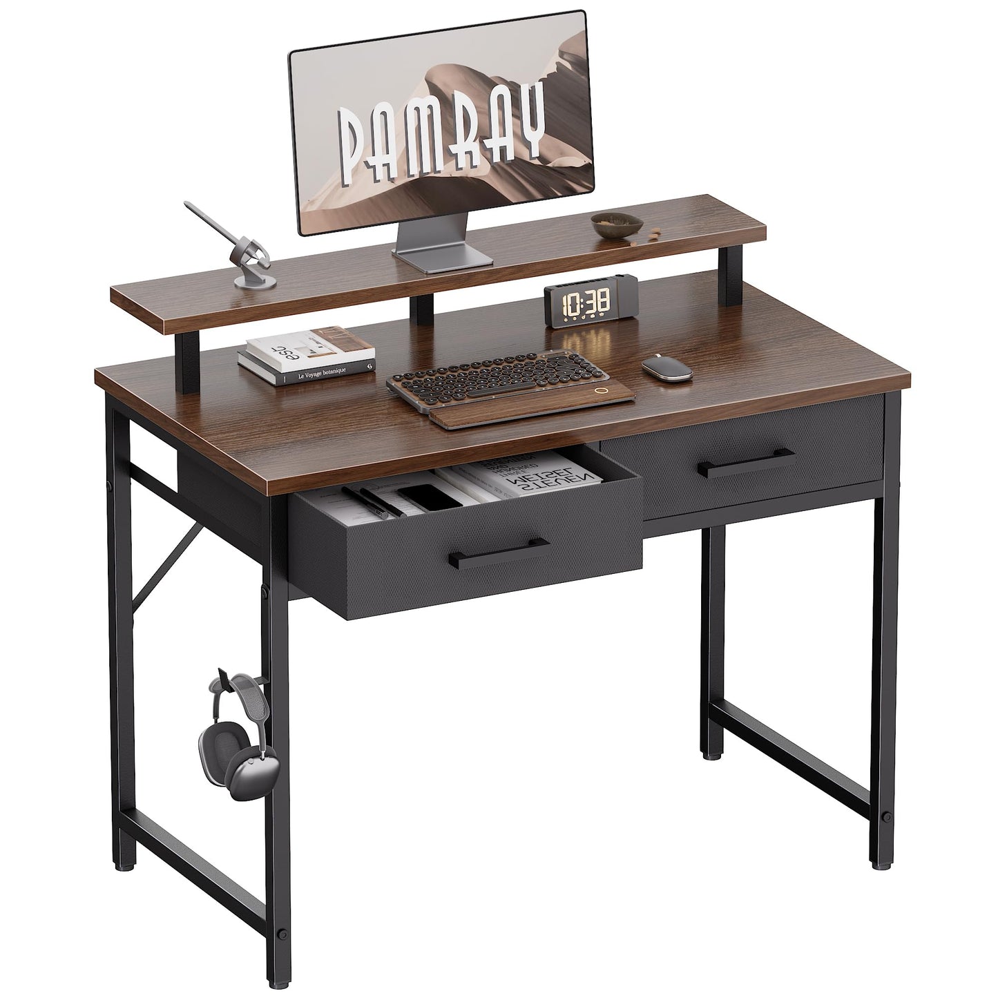Pamray 32 Inch Small Computer Desk with Monitor Stand Home Office Desks with 2 Drawers for Bedroom Study Writing and Work Table for Small Spaces Brown