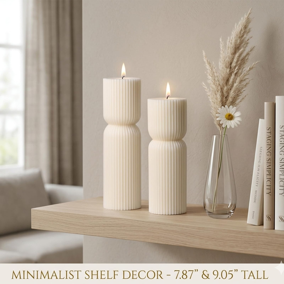 Aesthetic Sandalwood Scented Candles,Ribbed Pillar Candle Set of 2 (7.87" & 9.05" Tall), Natural Soy Wax Minimalist Geometric Decor, Modern Fluted Sculptural Candles for Home,Shelf, Mantel & Gift