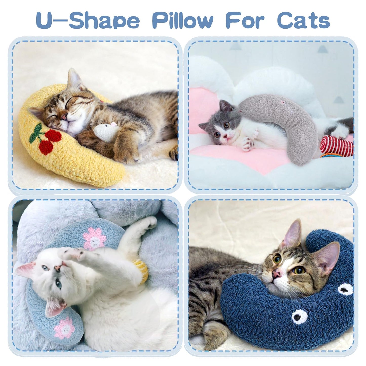 AojSup 4 Pcs Pillows for Cats Puppy Bed, Soft Fluffy Pet Calming Toy, Half Donut U Shaped Pet Neck Pillow, Training Toy Joint Relief Cervical Protection (4 Patterns)