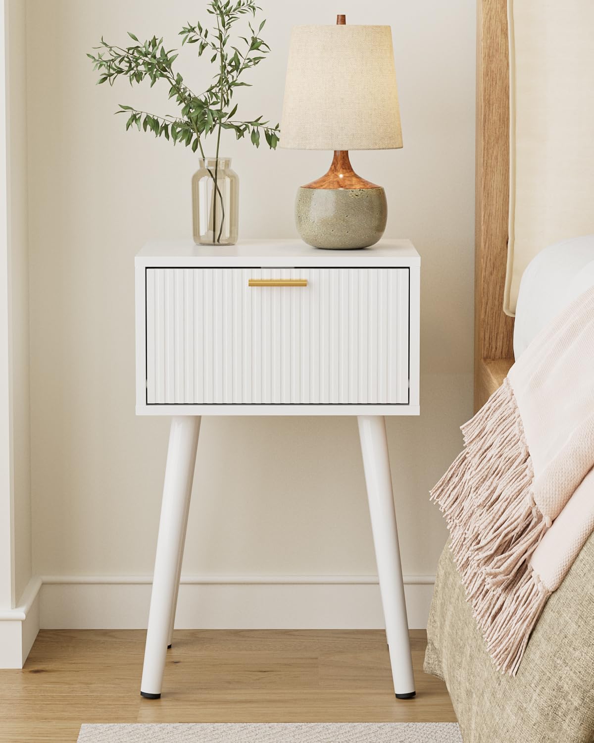 ASACESCU Night Stand, White Nightstand with Fluted Door, Small Modern Mid-Century Bedside Table for Bedroom, End Table for Living Room