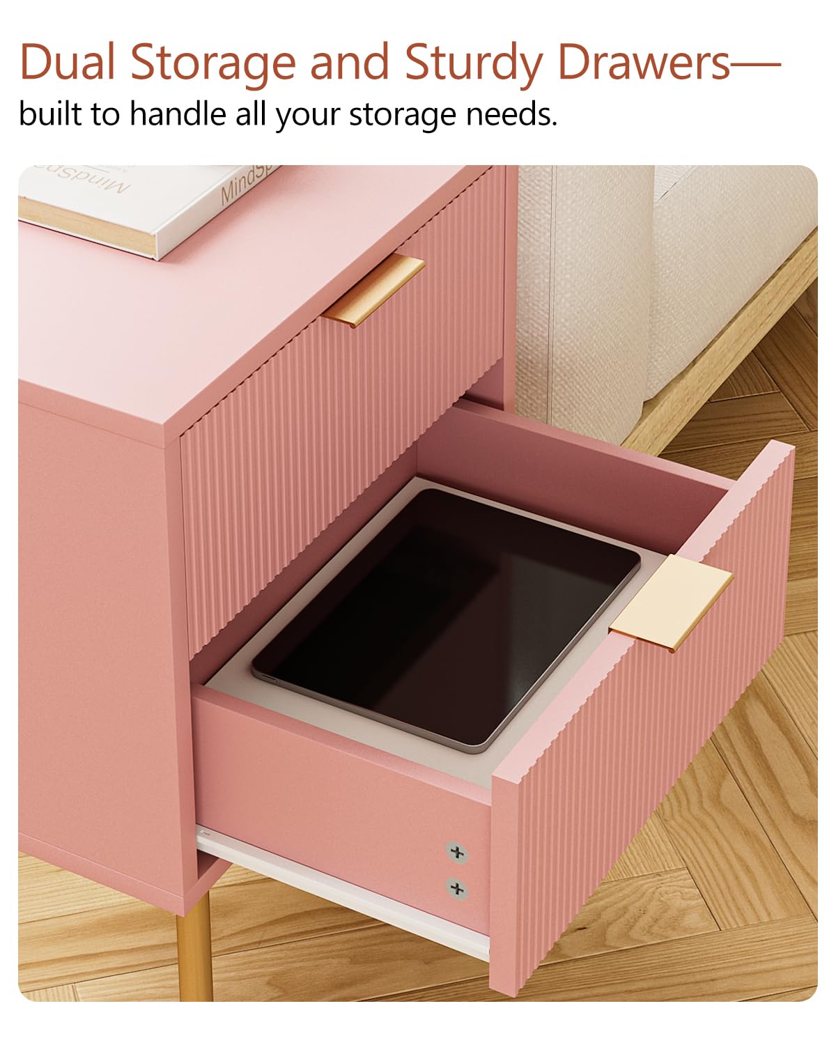 Masupu Night Stand,Mid-Century Modern Bedside Table with 2 Storage Drawer,Small Gold Frame Side End Table for Bedroom,Living Room, Pink