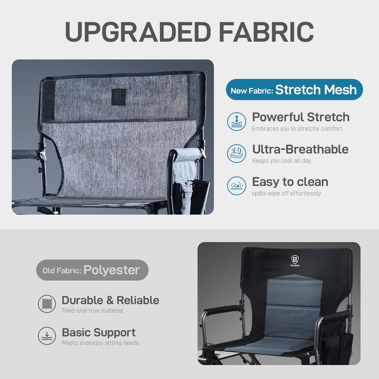 EVER ADVANCED Portable 30.7" Seat Height Tall Folding Camping Chair Directors Chair High Foldable Bar Stool with Side Table for Makeup Artist, Sports Event, Craft Show, Stretch Mesh, Supports 350LBS