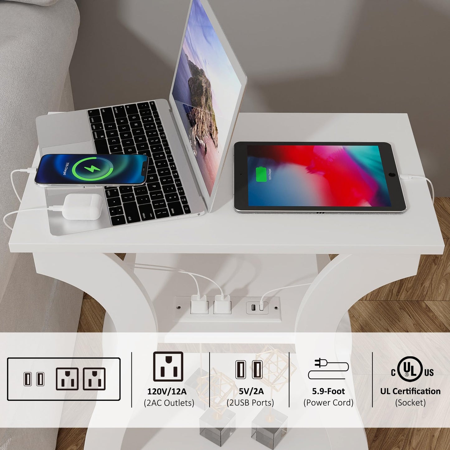FROMJBEST End Tables Living Room Set of 2,End White Table with Charging Station, Side Table, Nightstand for Bedroom, 3 Tier End Table with Storage Shelf for Living Room White