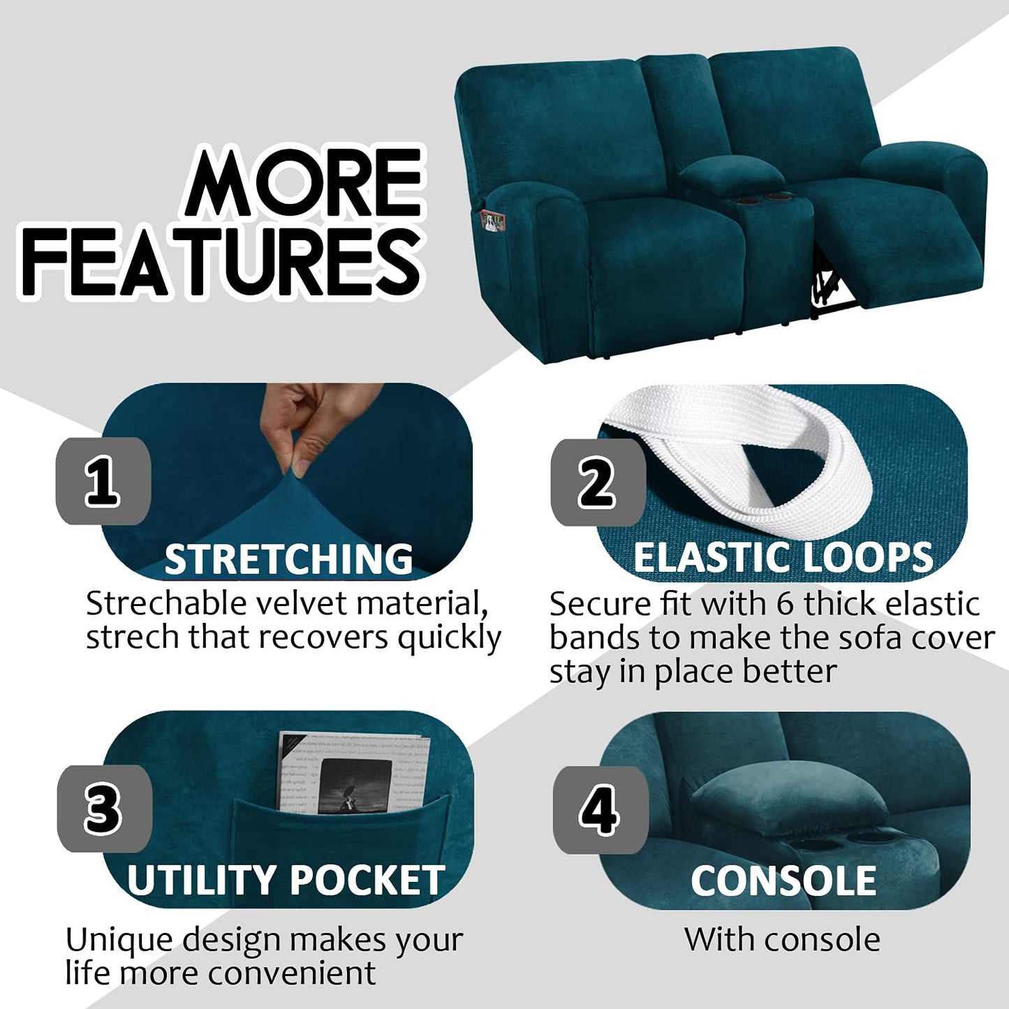 Ultimate Decor Reclining Love Seat with Middle Console Slipcover, 8-Piece Velvet Stretch Loveseat Reclining Sofa Covers, 2 seat Love seat Recliner Cover, Thick, Soft, Washable, (Deep Teal)