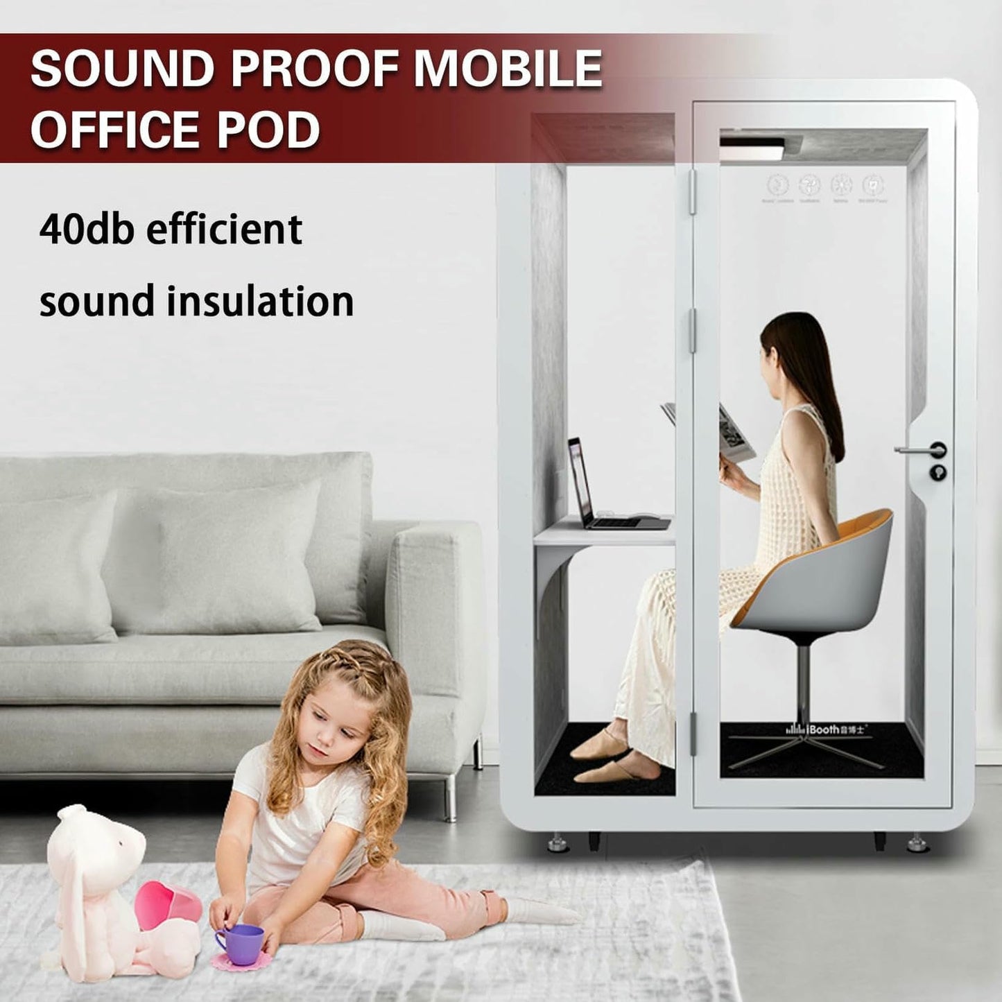 Office Sound Booth with LED Lighting and Desk, Portable Booth Modern Privacy Pod, Modular Privacy Separate Room for Meditation Study, Movable Room for Work
