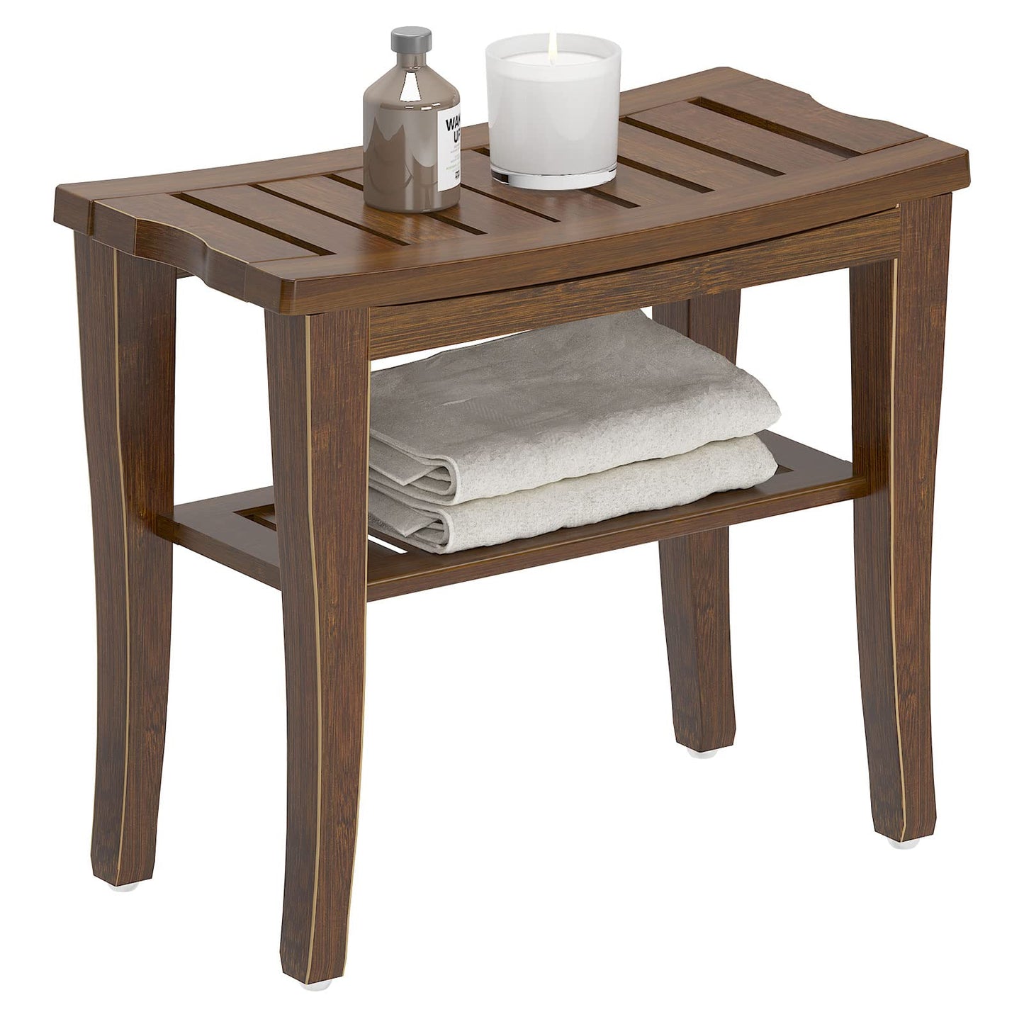 SogesHome Bamboo Shower Bench, Shower Caddies Foot Rest with Storage Shelf for Shampoo Towel, Ideal for Bathroom/Living Room/Bedroom, Dark Brown