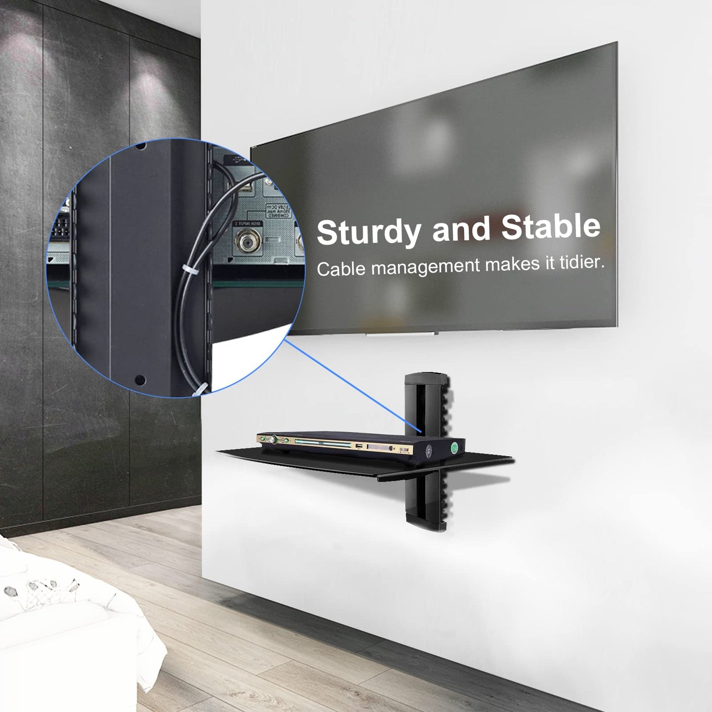 suptek Glass Floating Shelf, 1 Tier Media Shelf for TV Accessories, Flat Black Wall Mount Bracket, 17.6lbs Weight Capacity, Quick Installation, Cable Management, Custom Style, Backless