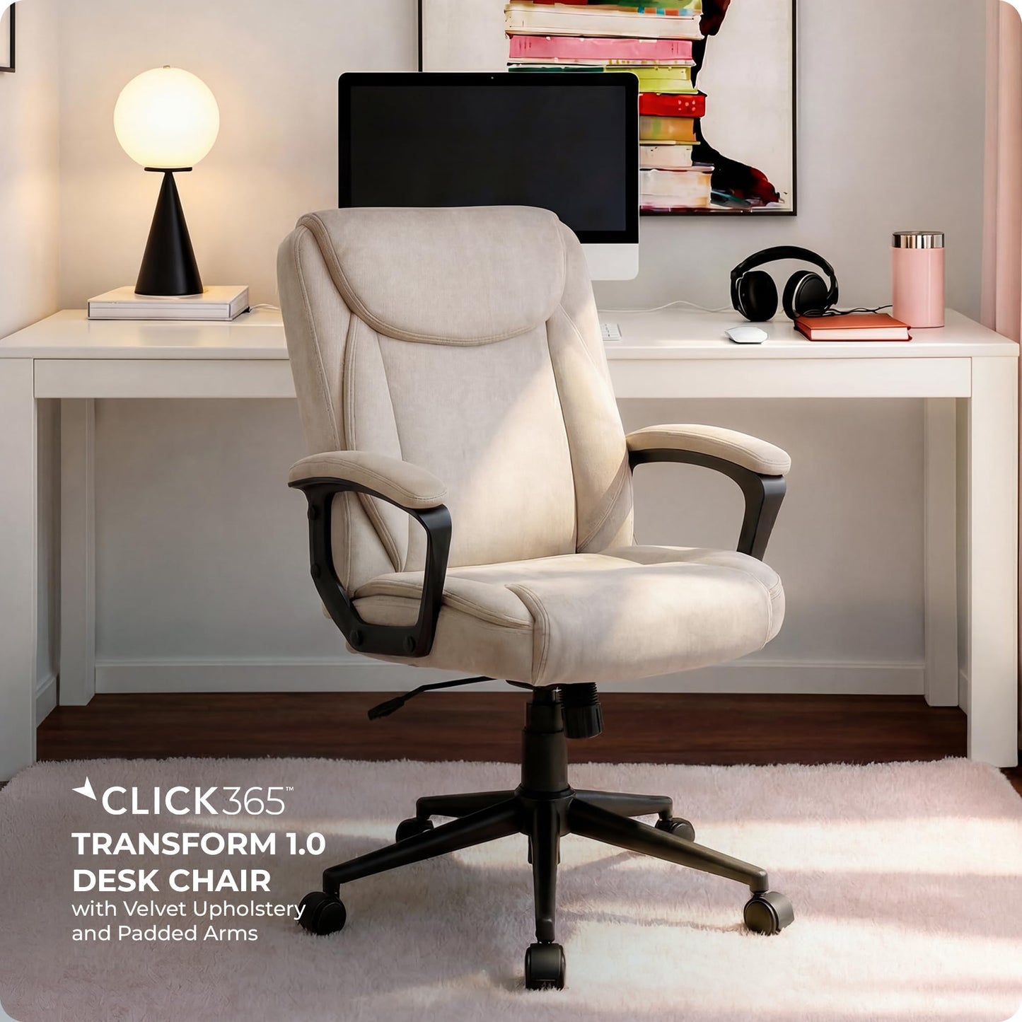 Click365 Transform 1.0 Ergonomic Office Chair, Mid Back Desk Chair with Padded Arms, Lumbar Support, Adjustable Height, Tilt Recline, Swivel Computer Chair, Fabric, Beige