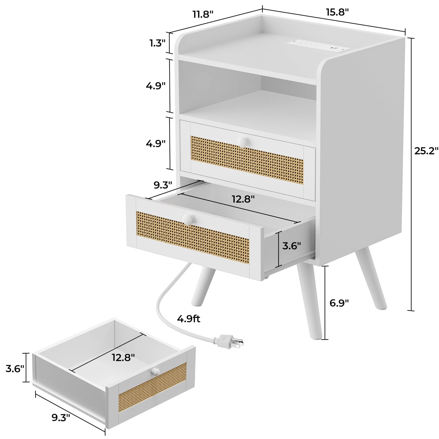 SUPERJARE 2 Drawer Night Stand with Charger Station, Boho Rattan Nightstand Set of 2, 25.2 Inch Tall Bed Side Table with Solid Wood Feet, End Table, Open Storage, Synthetic Rattan, for Dorm, White