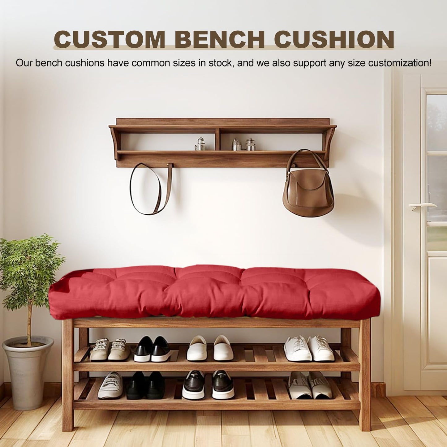 ThinMay Bench Cushion 47 inches,Indoor/Outdoor Non-Slip Tufted Cushions, Premium Waterproof Linen, Soft Piano Sofa Cushions, High-Density Memory Foam(Dark Red-47x19x4in)