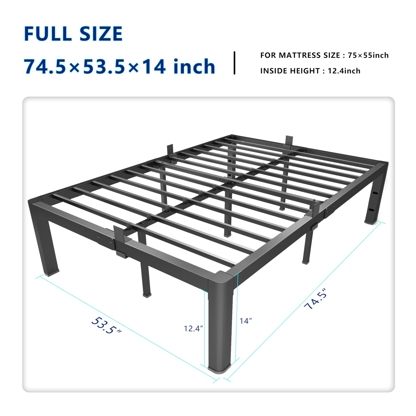 yookare Full Platform Bed Frame,14" Heavy Duty Metal Mattress Foundation, Rounded Safety Corners & Recessed Legs,Mattress Retainers,Easy Assembly,Noise Free Steel Slat Support,No Box Spring Needed