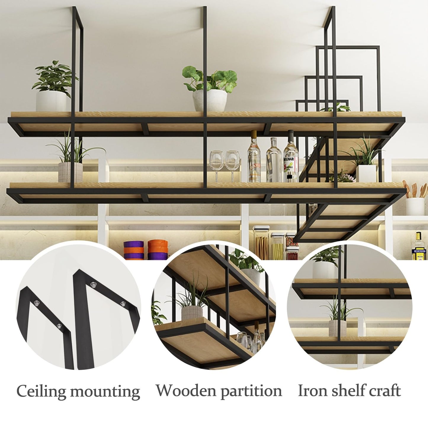 Metal Hanging Wine Rack with 2 Layer Floating Suspended Shelving for Bar Cafe Kitchen Ceiling Shelf nizer and Display Racking