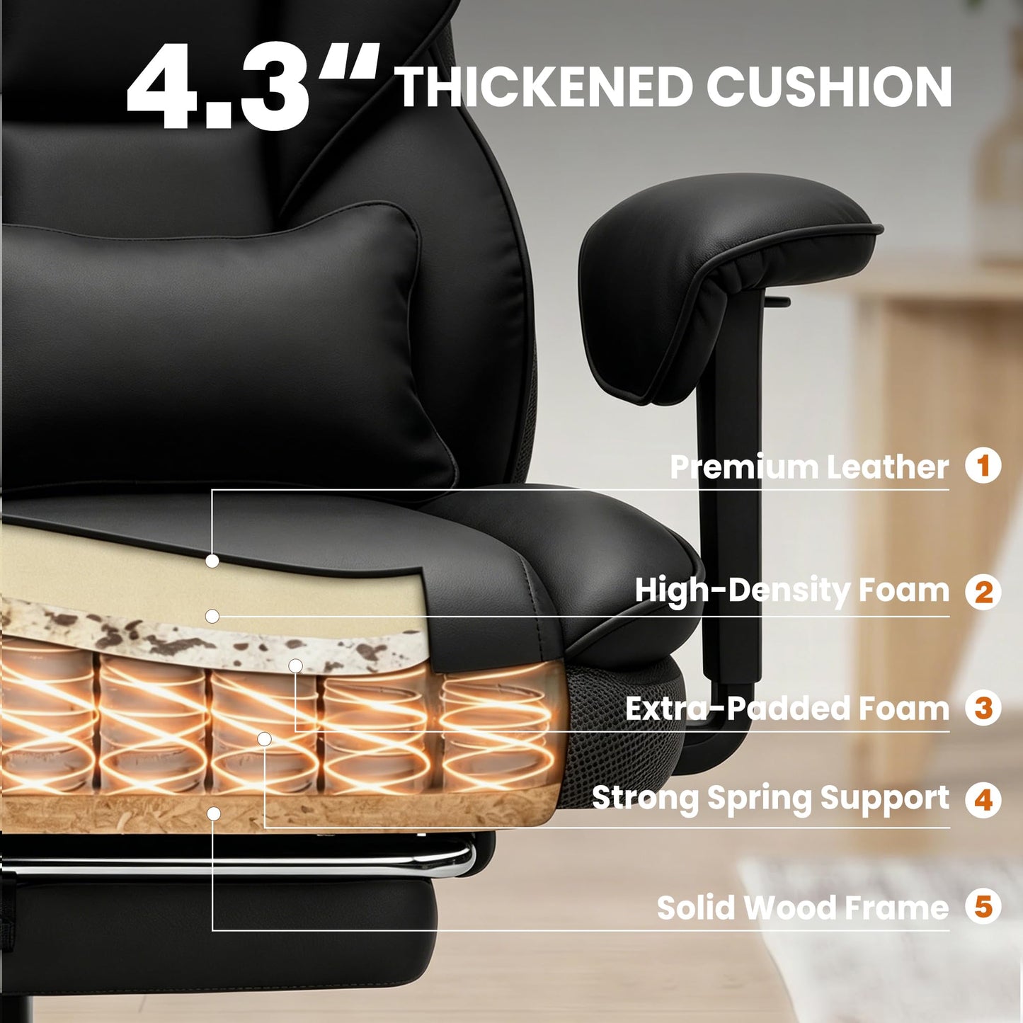 Stella Mia Big and Tall Office Chair with Foot Rest, Desk Chair with Soft Adjustable Armrests, Ergonomic High Back Gaming Chair with Lumbar Support, Executive Computer Chairs (PU Leather, Deep Black)