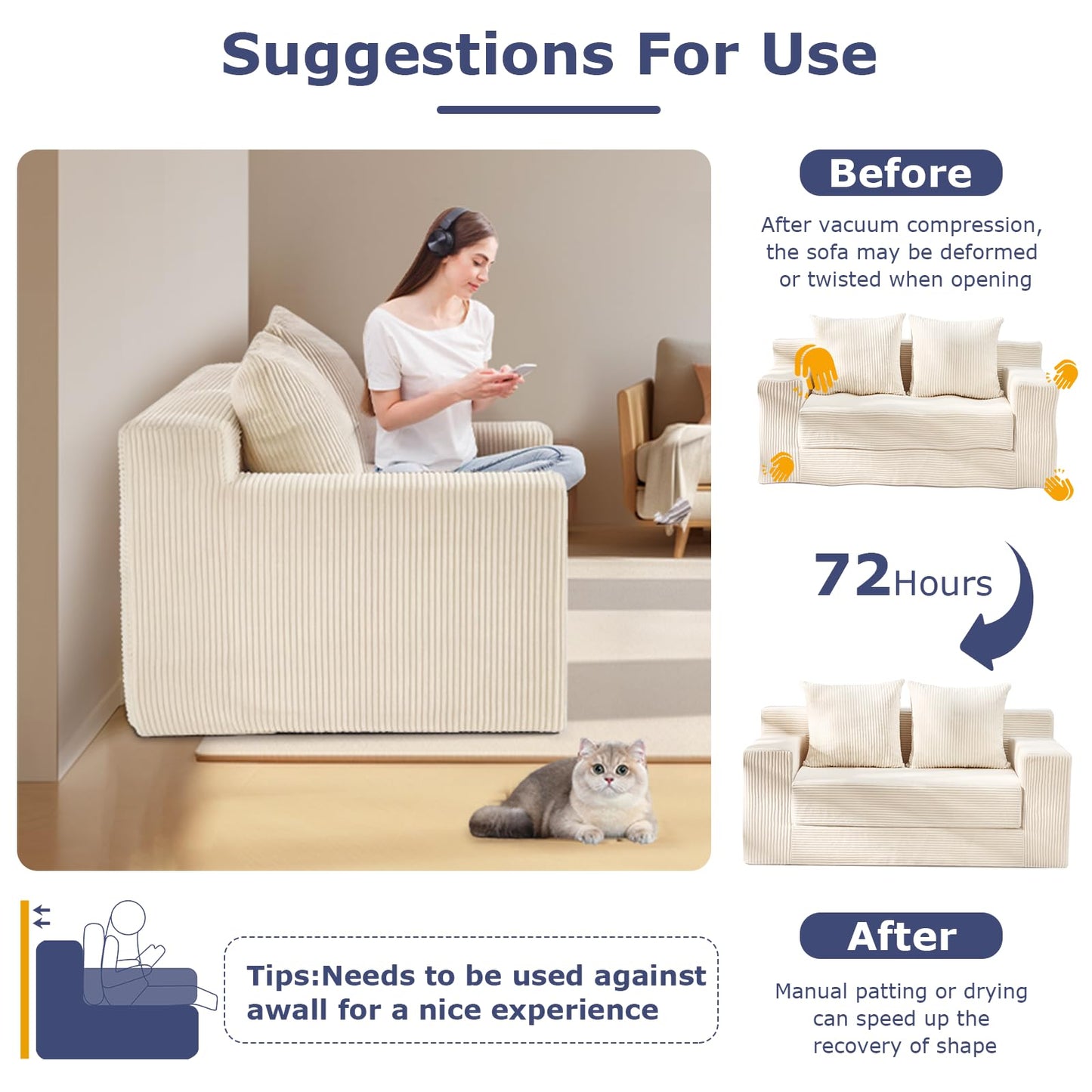 feliz home Convertible Sofa Bed, Boneless Couch Loveseat, 2 in 1 Folding Couch Bed, Fold Out Comfy Floor Futon Sofa with 4 Pillows for Living Room Bedroom, Beige