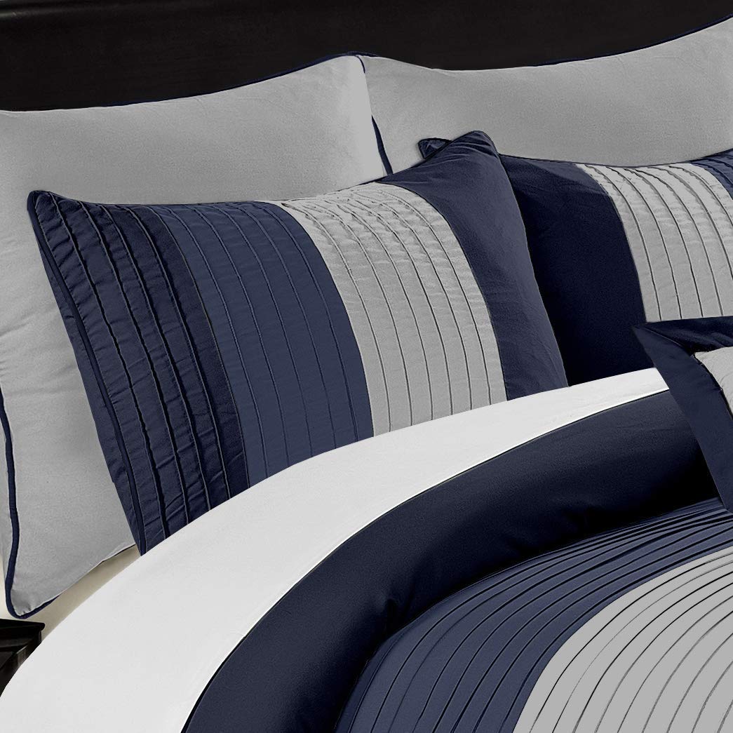 Chezmoi Collection Loft 8-Piece Luxury Striped Comforter Set (Full, Navy/Gray/Blue)