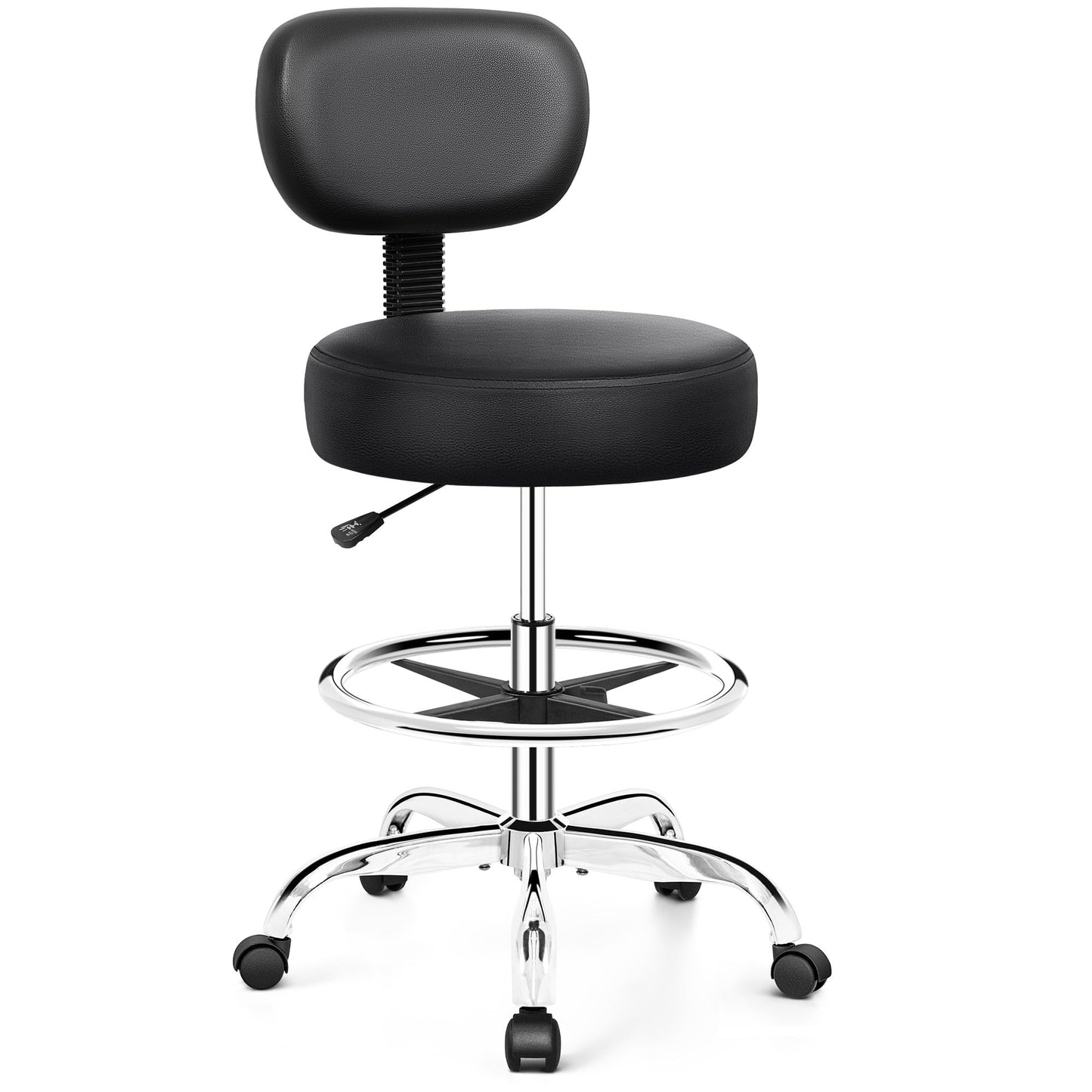 Brick Attic Drafting Chair with Backrest – Adjustable Foot Rest Rolling Stool with Wheels, PU Leather Swivel Stool for Office Spa Studio Lab Counter Salon Home Work Bar Kitchen Shop(Silver)