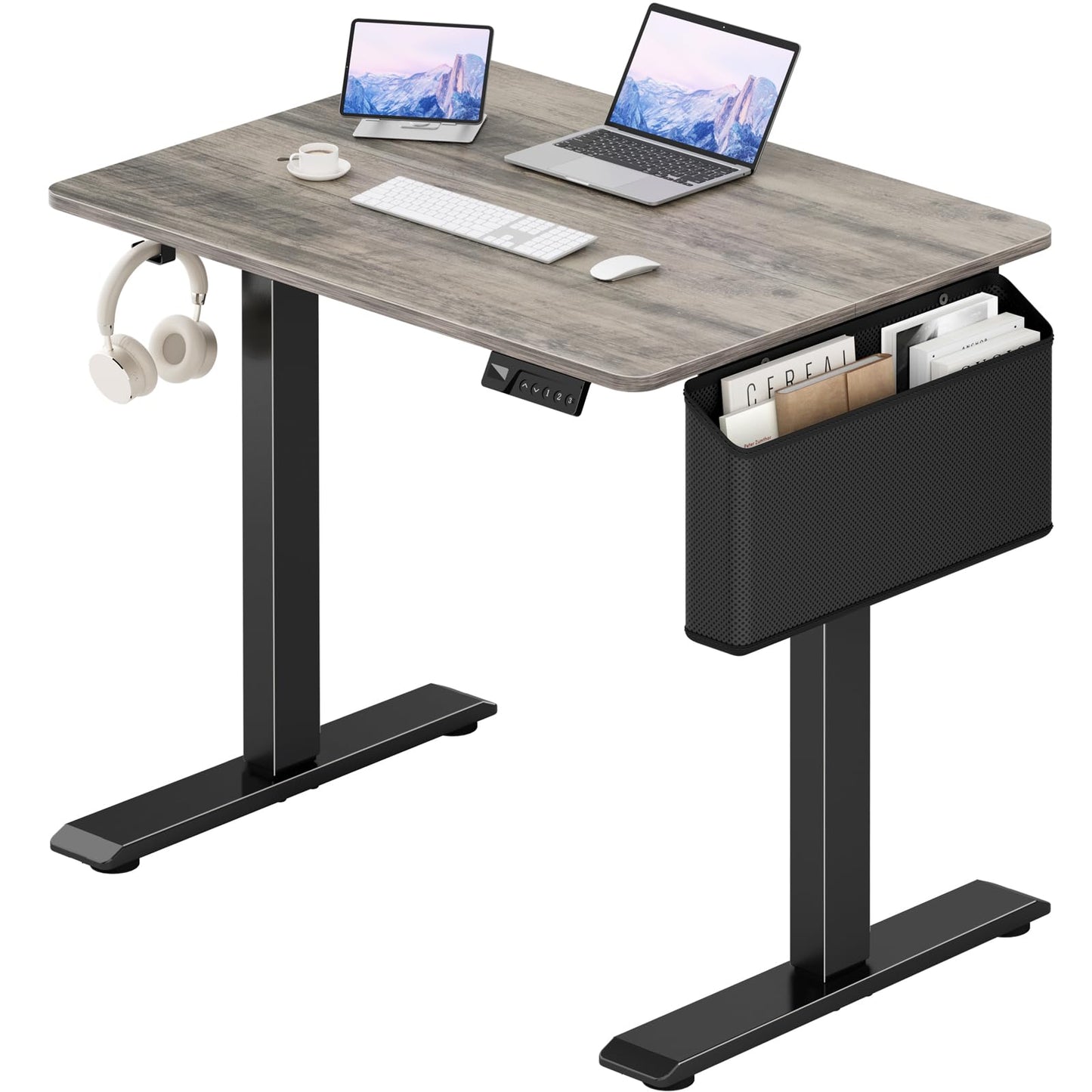 KLUVIS Grey Small Electric Standing Desk - 32 Inch Narrow Small Adjustable Stand Up Desk for Writing Study Work, Mini Sit to Stand Desks Workstation for Adult Boys Girls Bedroom Home Office