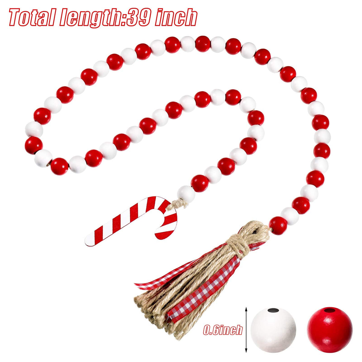 Chuangdi Christmas Wooden Bead Garland Wreath, 39 Inches Decorated with Candy Canes Tassels Wood Bead Garland for Christmas Tree Tiered Tray Decor Home Farmhouse Wall Hanging Ornaments(Red White)
