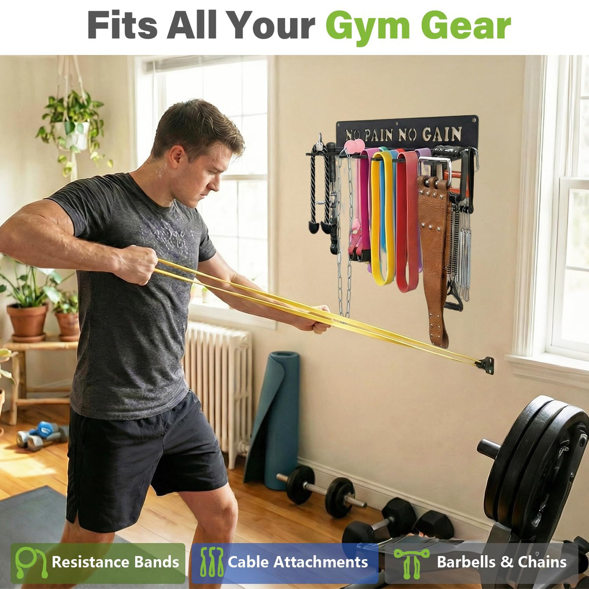WIPHANY Home Gym Accessories Organization Storage Rack Equipment For Home 8 Hook Wall Hanger Display Gear Barbells Resistance Bands Jump Ropes Lifting Belt Hanger Accessories Hardware Included