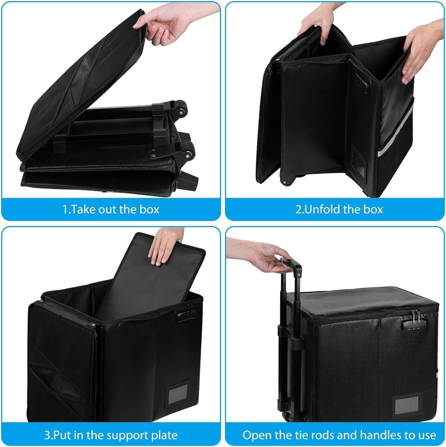 TOMKID Fireproof File Box with Wheels and Telescopic Handle, Foldable Utility Cart Folding Portable Rolling Crate, Fireproof Document Organizer File Cabinet for Travel Office Use