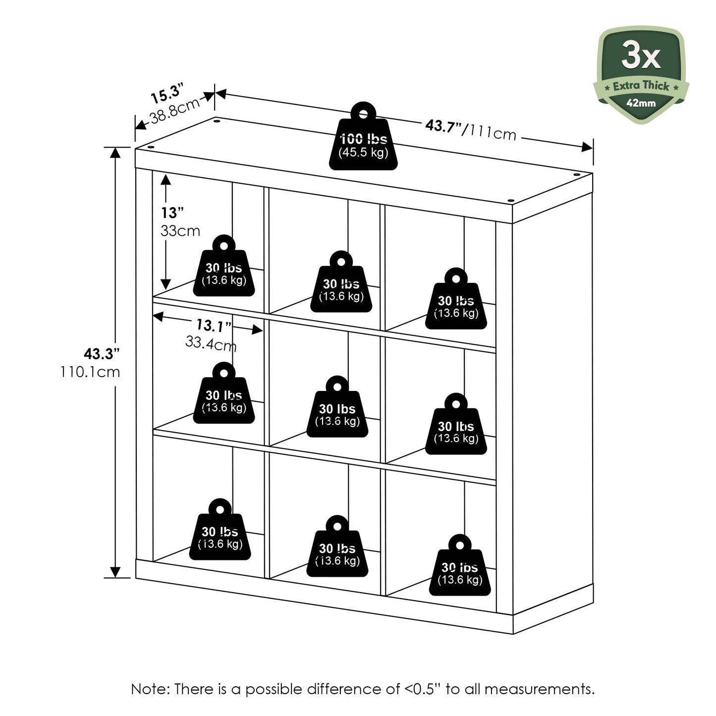 Furinno Cubicle Book Shelf, 9-Cube Bookshelf, Triple Thick Frame Cube Storage Organizer, 1.65" Bookcase, 15.4" x 43.8" x 43.4", for Home Office, Living Room, Black Oak