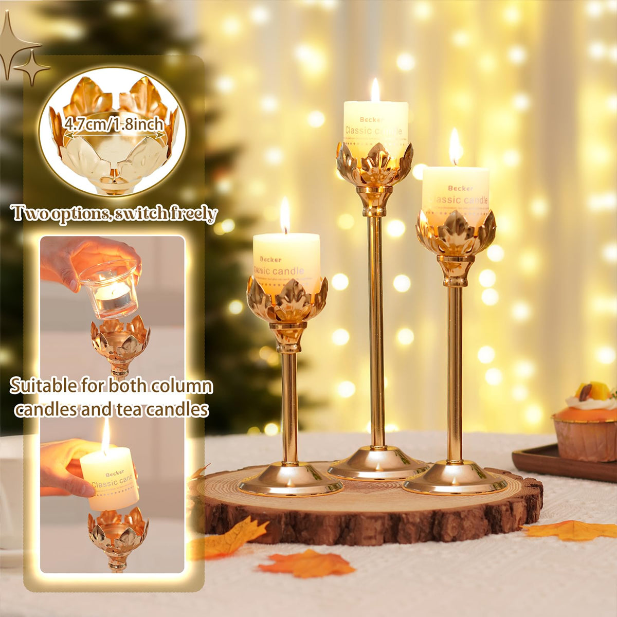 Set of 3 Metal Tea Light Candle Holder with 3 Glass Cups, 12/10/8 Inch Elegant Tealight Candelabra Centerpiece for Wedding Table Decor, Tiered Home Party Decoration (3, Gold)