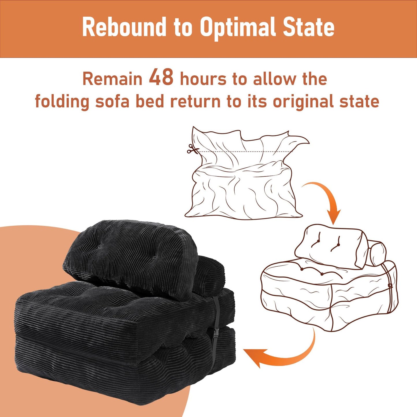 Vellorise Folding Sofa Bed, Convertible Sleeper Chair with Back Support and Pillow Futon,Boneless Foldable Couch for Living Room/Guest Use/Home Office, Foldable Chair Bed for Adults, Black