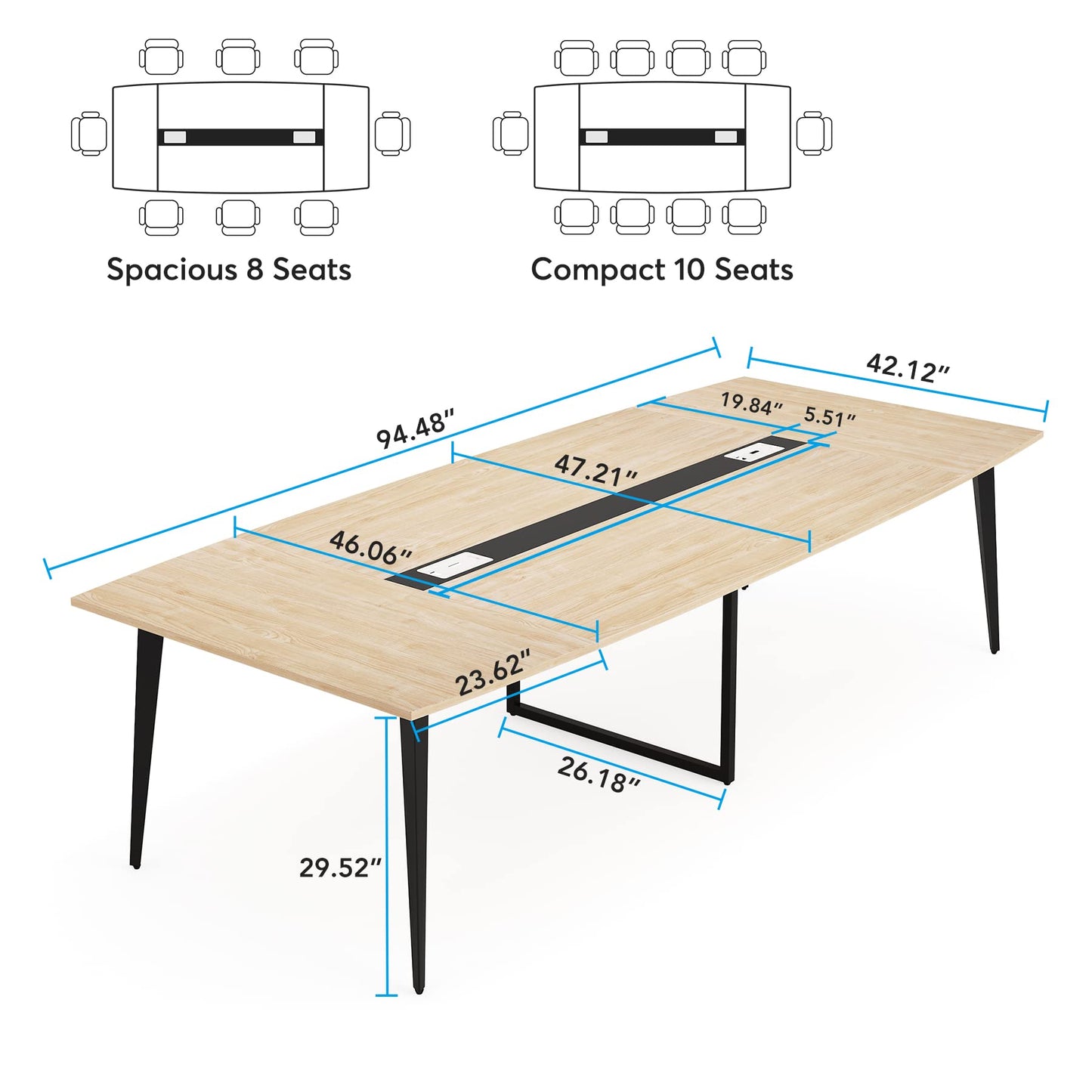 Tribesigns 8FT Conference Table, 94.48L x 47.21W x 29.52H Inches Boat Shaped Meeting Table with Rectangle Grommet, Modern Seminar Boardroom Table for Office Conference Room (Light Wood Grain, 8ft)